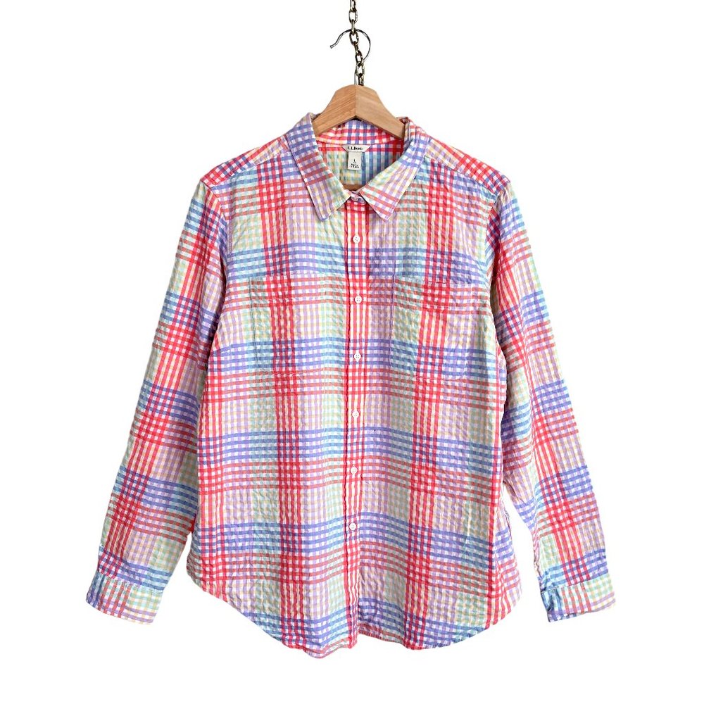ll bean womens plaid seersucker button shirt L large vacationland 100% cotton
